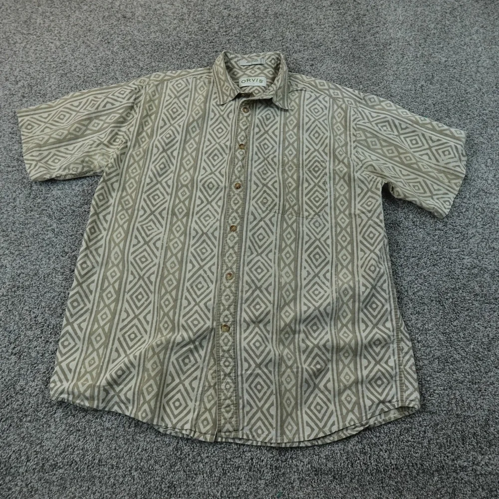 Orvis Shirt Mens L Tan Beige Geometric Diamond Tiki Print Short Sleeve Button Up